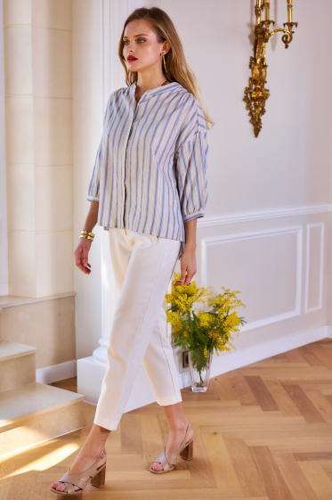 Wholesaler Inspiration Studio - Loose striped cotton shirt with 3/4 sleeves and mandarin collar.