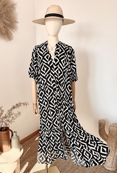 Wholesalers Inspiration Studio - Loose and long shirt dress, floral print, V-neck, 3/4 sleeves