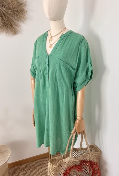 Großhändler Inspiration Studio - Short cotton-lined dress, V-neck with patch pocket and side pockets.