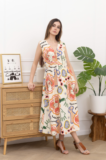 Großhändler Inspiration Studio - Langes Kleid aus mehrfarbig bedruckter Baumwolle mit Tasche.