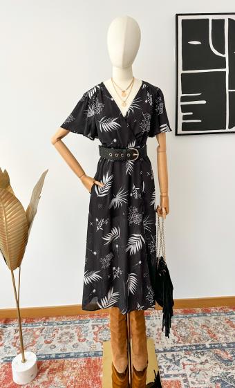 Großhändler Inspiration Studio - Langes Kleid mit Schlitz, bedruckt auf Jacquardstoff, mit Tasche und Baumwollfutter
