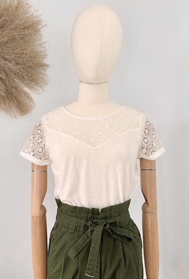 Wholesalers Inspiration Studio - Plain short-sleeved round neck lace T-shirt