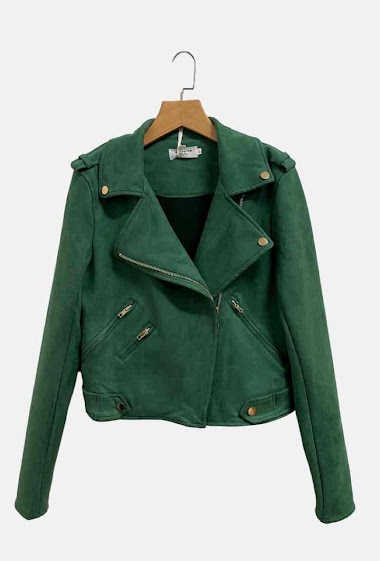 Perfecto jacket, asymmetrical zipped opening in suede with studs and golden zip