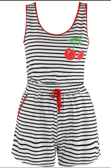 Wholesaler INSTA GIRL - Cherry Print Striped Vest and Tie Shorts Set
