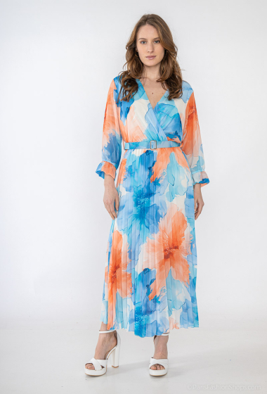 Grossiste ISSYMA - Longue robe plissé avec ceinture imprimé