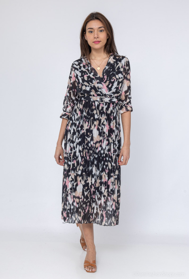 Grossiste ISSYMA - Longue robe plissé avec ceinture imprimé