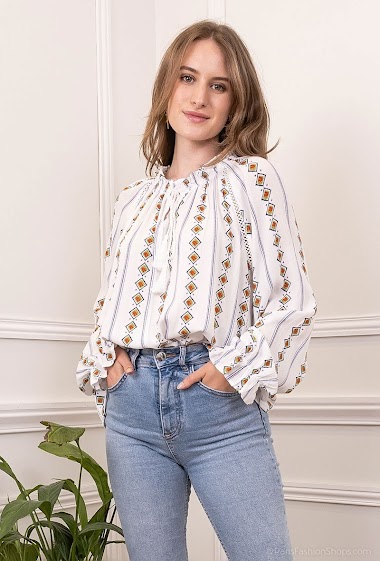 Wholesaler JCL Paris - Printed blouse, long sleeves, elastic sleeves, elastic collar, ties