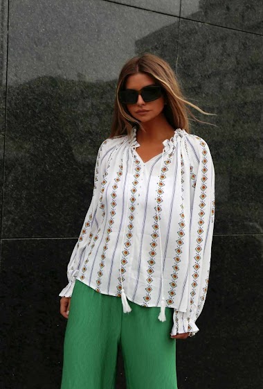 Großhändler JCL Paris - Printed blouse, long sleeves, elastic sleeves, elastic collar, ties