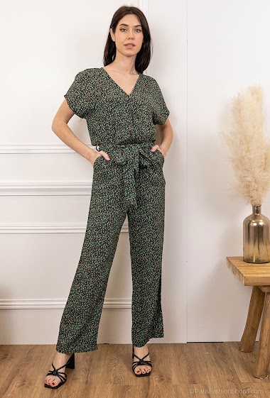 Wholesaler JCL Paris - Floral jumpsuit, short sleeves, ties at the waist, side pockets