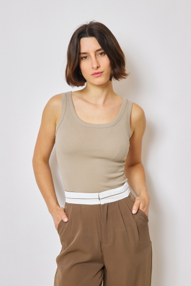 Wholesaler JCL Paris - Taupe fitted tank top. This sleeveless top features a round neckline and body-hugging cut