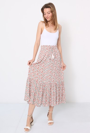 Wholesaler JCL Paris - Floral skirt, tiered, ties, elastic at the waist