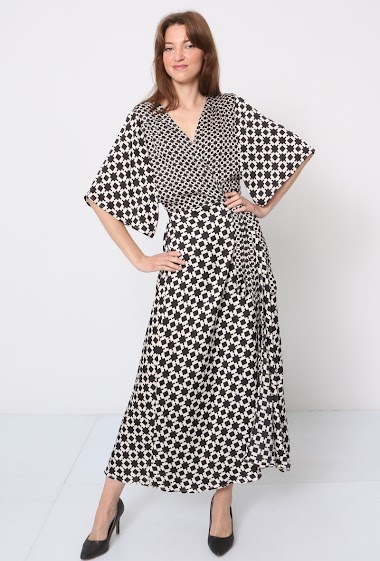 Wholesaler JCL Paris - Geometric print wrap dress, 3/4 flared sleeves, fluid material