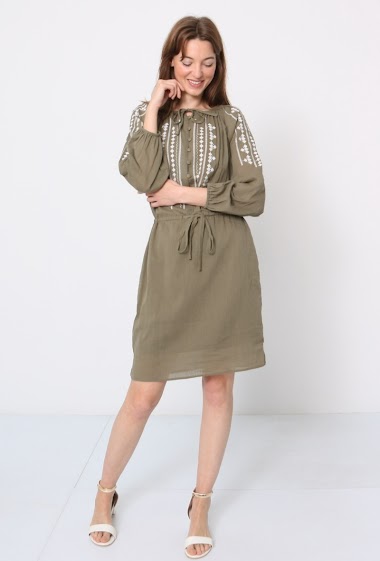 Mayorista JCL Paris - Short dress, long sleeves, elastic on the sleeves, belt, button at the top