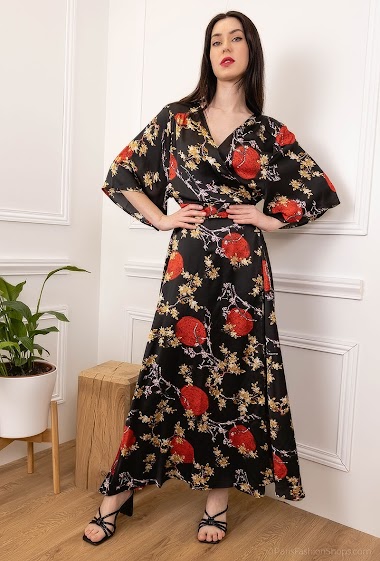 Grossiste JCL Paris - Robe kimono fleuri,manches evasées, se ceinture, , matière fluide