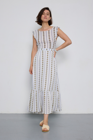 Wholesaler JCL Paris - Long dress with pattern, short sleeves, elastic at the waist, ties at the front