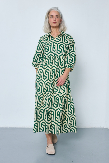 Grossiste JCL Paris - Robe Longue chemise à motif géométrique vert et blanc