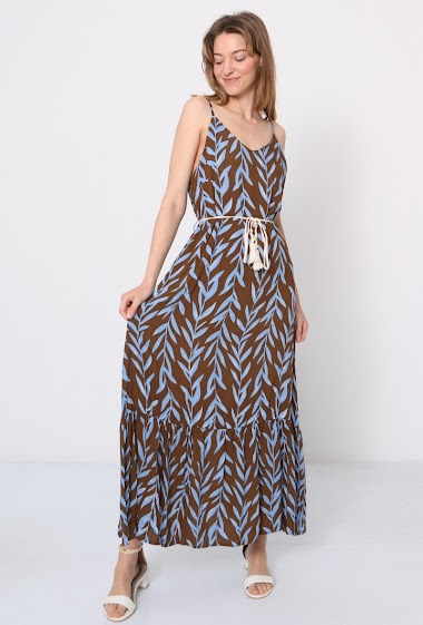 Wholesaler JCL Paris - Long floral dress, thin adjustable straps, belt