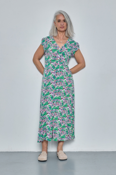 Wholesaler JCL Paris - Long floral dress, short sleeves, buttons all along, V-neck