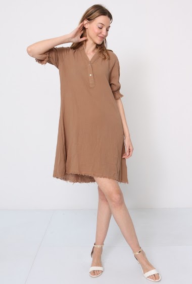 Großhändler JCL Paris - Midi dress, short sleeves, elastic and tapered sleeves, buttoning, cotton gas