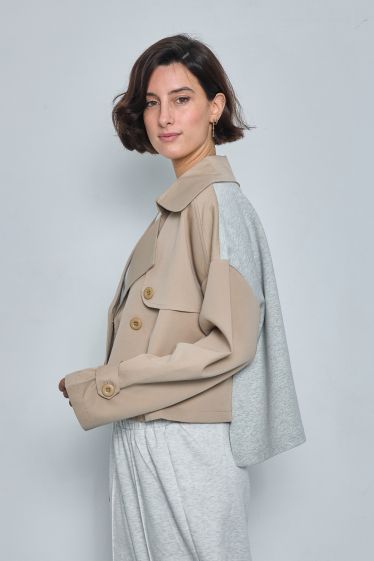 Wholesaler JCL Paris - Unique short trench jacket in beige fabric with gray cotton inserts at the back