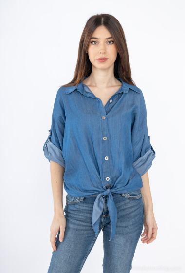 Grossiste J&D Fashion - Chemise en jean de couleur unie pour femme, nœud à l'ourlet, fil de soie