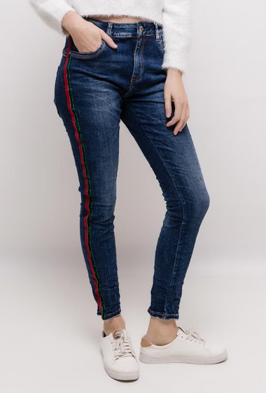 Grossiste Jewelly - Jean avec bandes latérales bicolores en velours