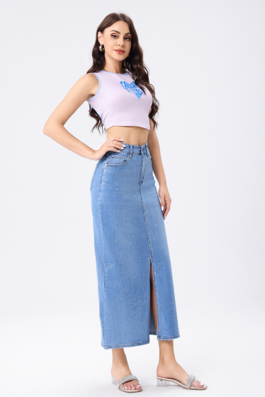 Wholesaler Jewelly - DENIM SKIRT WITH SEQUIN EFFECT FRONT