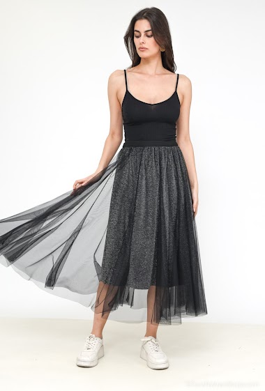 Grossiste J&H Fashion - Jupe plissée avec détail argenté taille élastique fluide longue
