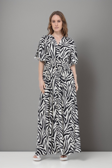 Grossiste J&H Fashion - Robe en coton imprimée zèbre longue cache-cœur avec élastique à la taille
