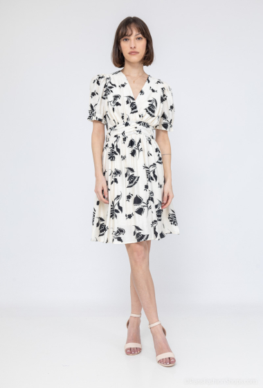 Wholesaler J&H Fashion - Printed cotton dress with wrap collar and puff sleeves