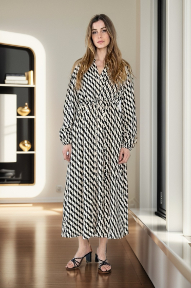 Großhändler J&H Fashion - Langes bedrucktes Baumwollkleid mit Kordelzug in der Taille und Futter