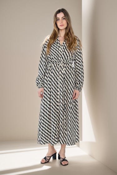 Großhändler J&H Fashion - Langes bedrucktes Baumwollkleid mit Kordelzug in der Taille und Futter