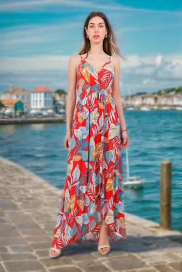 Grossiste J&H Fashion - Robe cache-cœur bretelle longue fleurie taille élastique