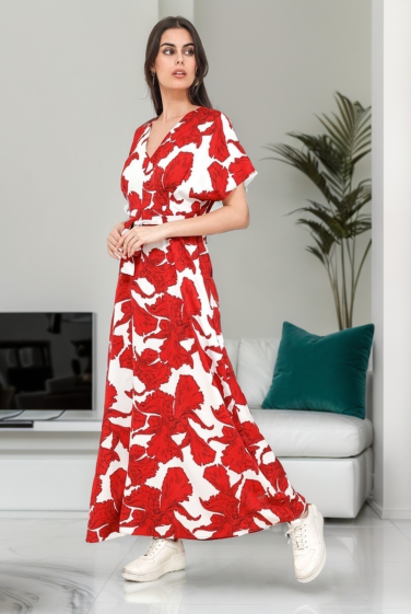 Großhändler J&H Fashion - Langes, ausgestelltes Kleid mit Blumendruck, V-Ausschnitt und Gürtel an der Taille, kurze Ärmel