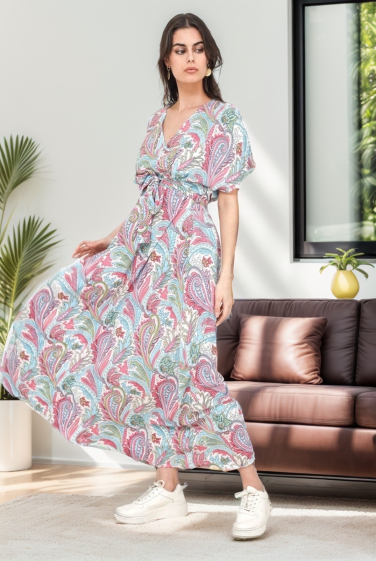 Großhändler J&H Fashion - Langes, ausgestelltes Kleid mit Blumendruck, V-Ausschnitt und Gürtel an der Taille, kurze Ärmel