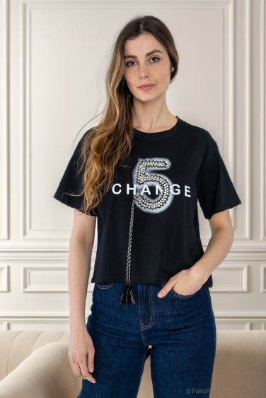 Grossiste J&H Fashion - T-shirt avec strasses et cordon bi-color CHANGE 5