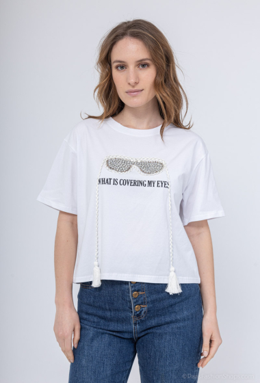 Grossiste J&H Fashion - T-shirt avec strasses lunette et cordon