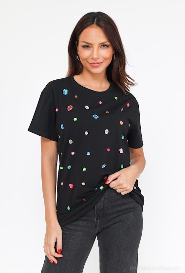 Großhändler J&H Fashion - Baumwoll-T-Shirt mit bunten Strasssteinen in verschiedenen Größen