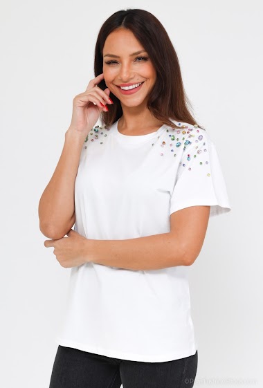 Großhändler J&H Fashion - Baumwoll-T-Shirt mit farbigen Strasssteinen auf den Schultern