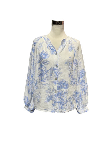 Grossiste J&L - blouse en gaz de coton imprimé toile de jouy