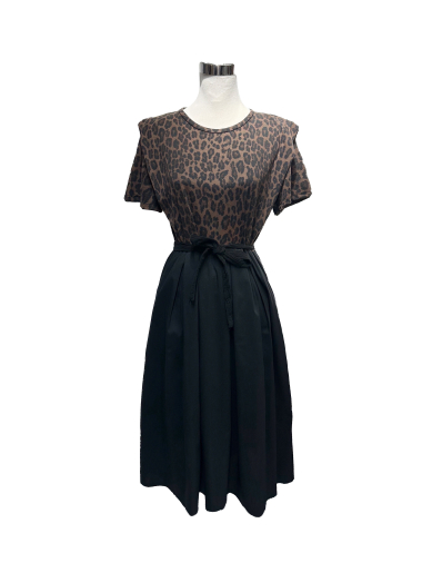 Mayorista J&L - Vestido Bicolor Top Leopardo Manga Corta Con Pequeñas Hombreras