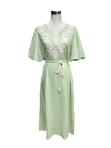 Wholesaler J&L - Embroidered v-neck linen dress with belt