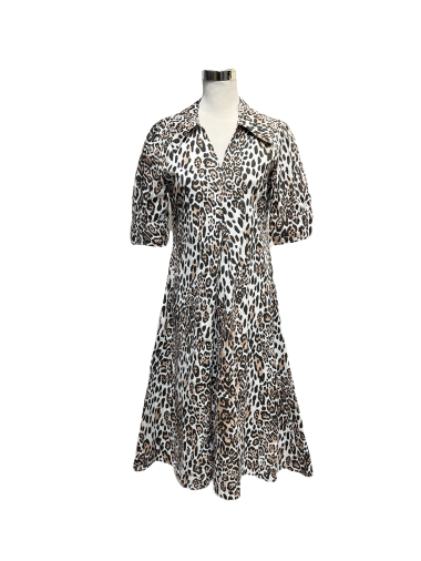 Großhändler J&L - Von Ganni inspiriertes Leopardenkleid aus Baumwolle mit V-Ausschnitt