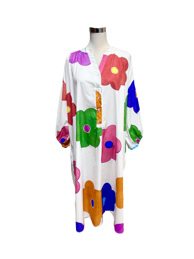 Wholesaler J&L - LONG MULTICOLOR FLOWER PRINT COTTON DRESS with pockets