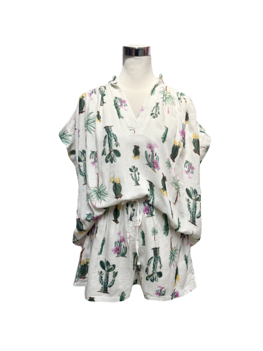 Wholesaler J&L - Marrakech Top With Cactus Pattern With Short Sleeves V-Neck