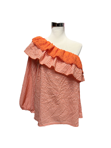 Wholesaler J&L - One-sleeved gingham top with frilly details in English embroidery