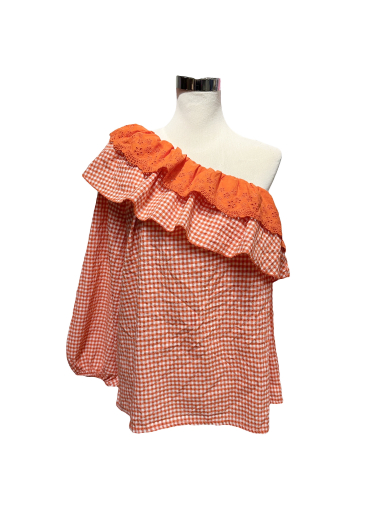 Grossiste J&L - Top vichy a une manche avec details froufrou en broderie anglaise