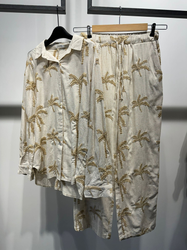 Mayorista Joelly - Conjunto pantalón camisero de lino con bordado de palmeras