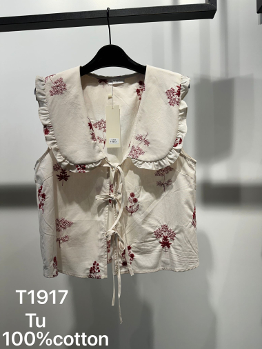 Grossiste Joelly - Top en coton avec fleur brodé et lacet