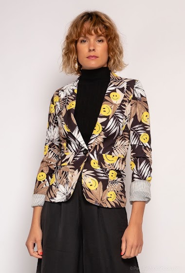 Wholesaler Jolifly - Blazer with leaf and smiley faces print